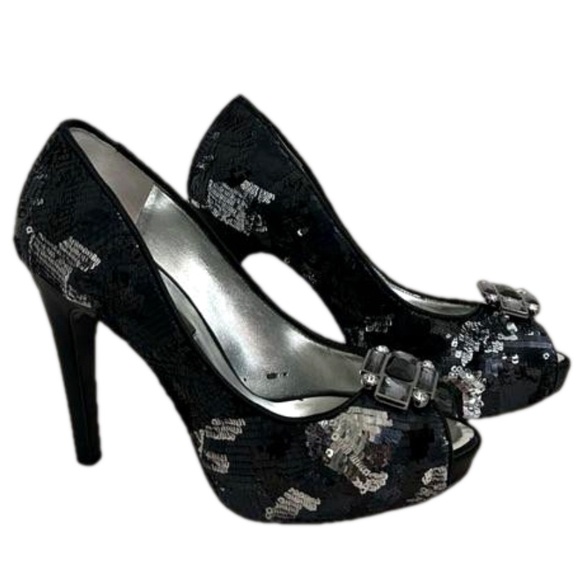 Nina New York Black Peep Toe Platform Pumps with Gems and Silver Sequins - Picture 1 of 6